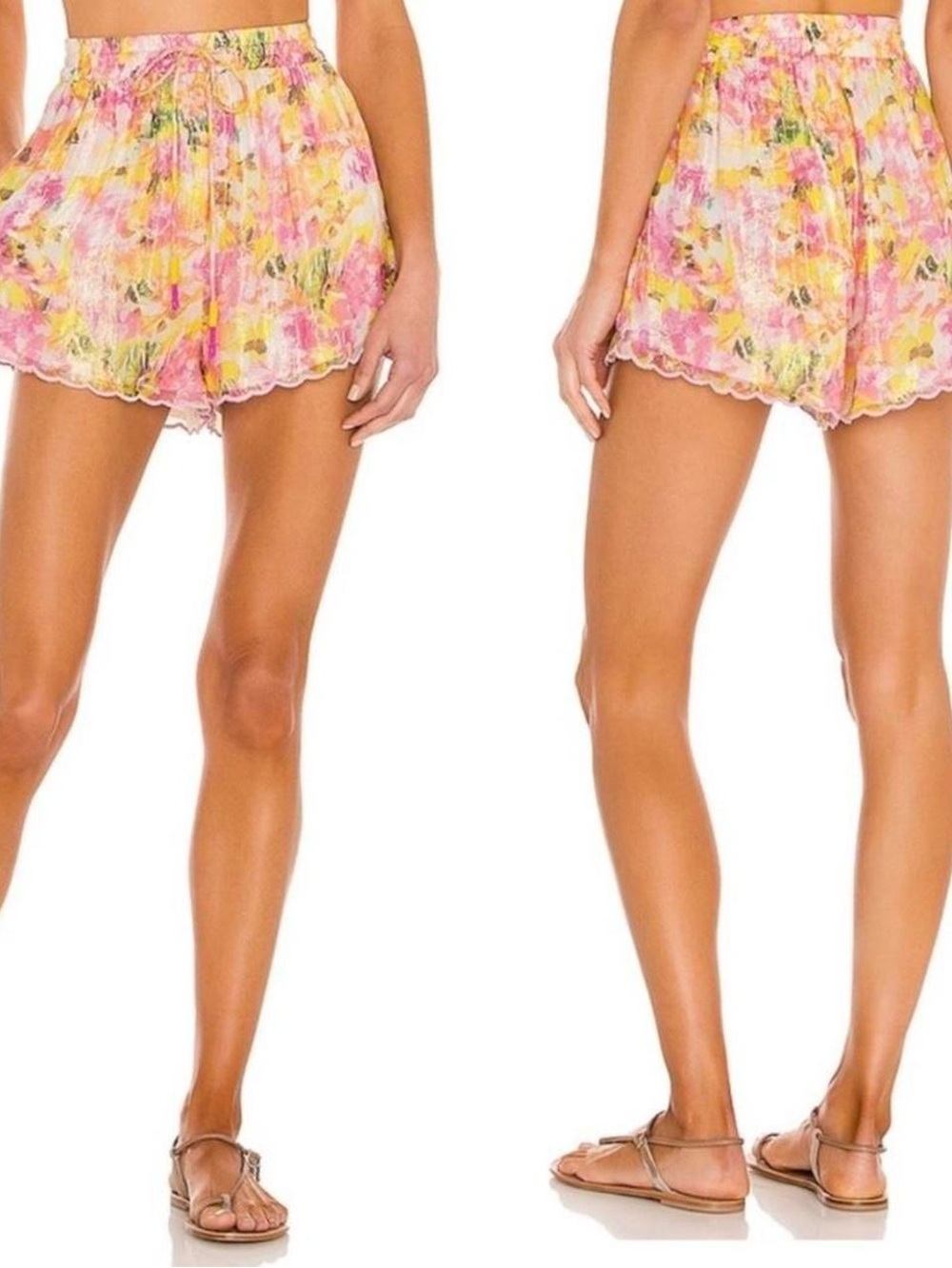 Rococo Sand Floral Shorts Pink Yellow Scalloped Hem Beaded Size Small Festival